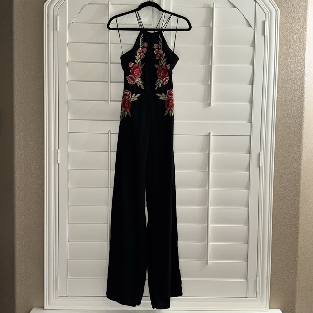 Luxxel Floral Embroidered Black Jumpsuit